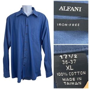 Alfani Mens Blue Iron Free Dress Shirt XL 17-1/2 blue long sleeve 100% cotton